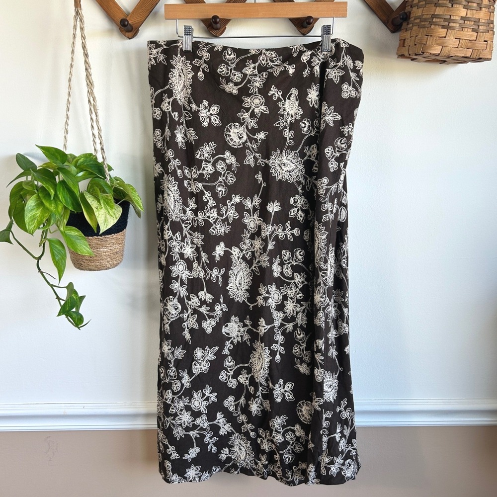 Villager Liz Claiborne Vintage Brown Floral Linen Blend Midi Skirt Size 16 Boho